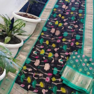 Black Kota Doria Soft Silk Saree with Lotus & Swan Handwoven Jaal Design + Silver Zari Border & Teal Contrast Blouse