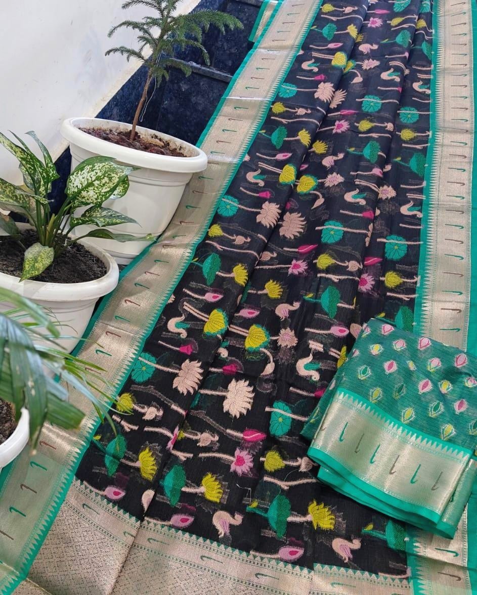 Black Kota Doria Soft Silk Saree with Lotus & Swan Handwoven Jaal Design + Silver Zari Border & Teal Contrast Blouse