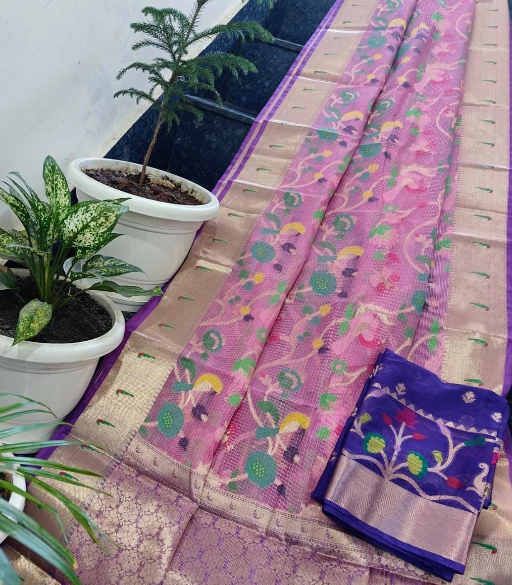 Blush Pink Kota Doria Soft Silk Saree with Multicolor Floral Jaal Weave & Gold Zari Border + Royal Blue Contrast Blouse