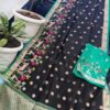 Black Kota Doria Soft Silk Saree with Gold Butti Weave & Deer Floral Border + Teal Contrast Blouse