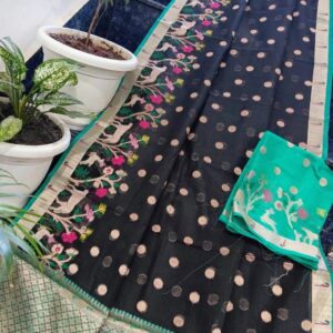 Black Kota Doria Soft Silk Saree with Gold Butti Weave & Deer Floral Border + Teal Contrast Blouse