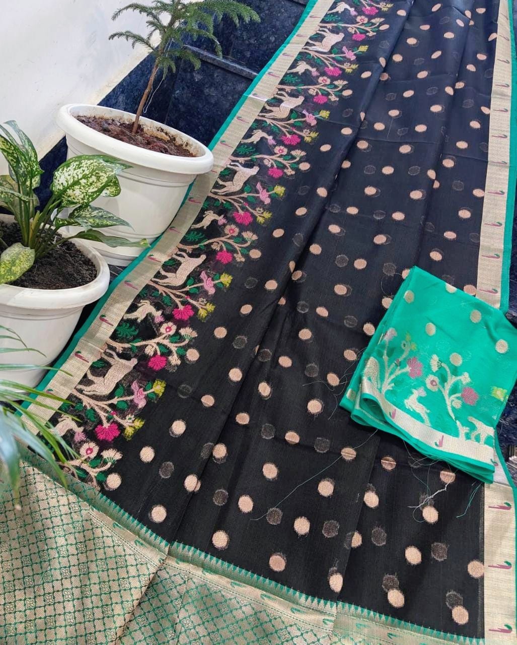 Black Kota Doria Soft Silk Saree with Gold Butti Weave & Deer Floral Border + Teal Contrast Blouse