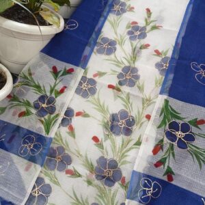 Royal Navy Blue Kota Doria Dress Material with Hand Brush-Painted Floral Vines & Golden Outline (2-Piece Set)