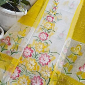 Sunshine Yellow Kota Doria Dress Material with Hand Brush-Painted Floral Dupatta (2-Piece Set)