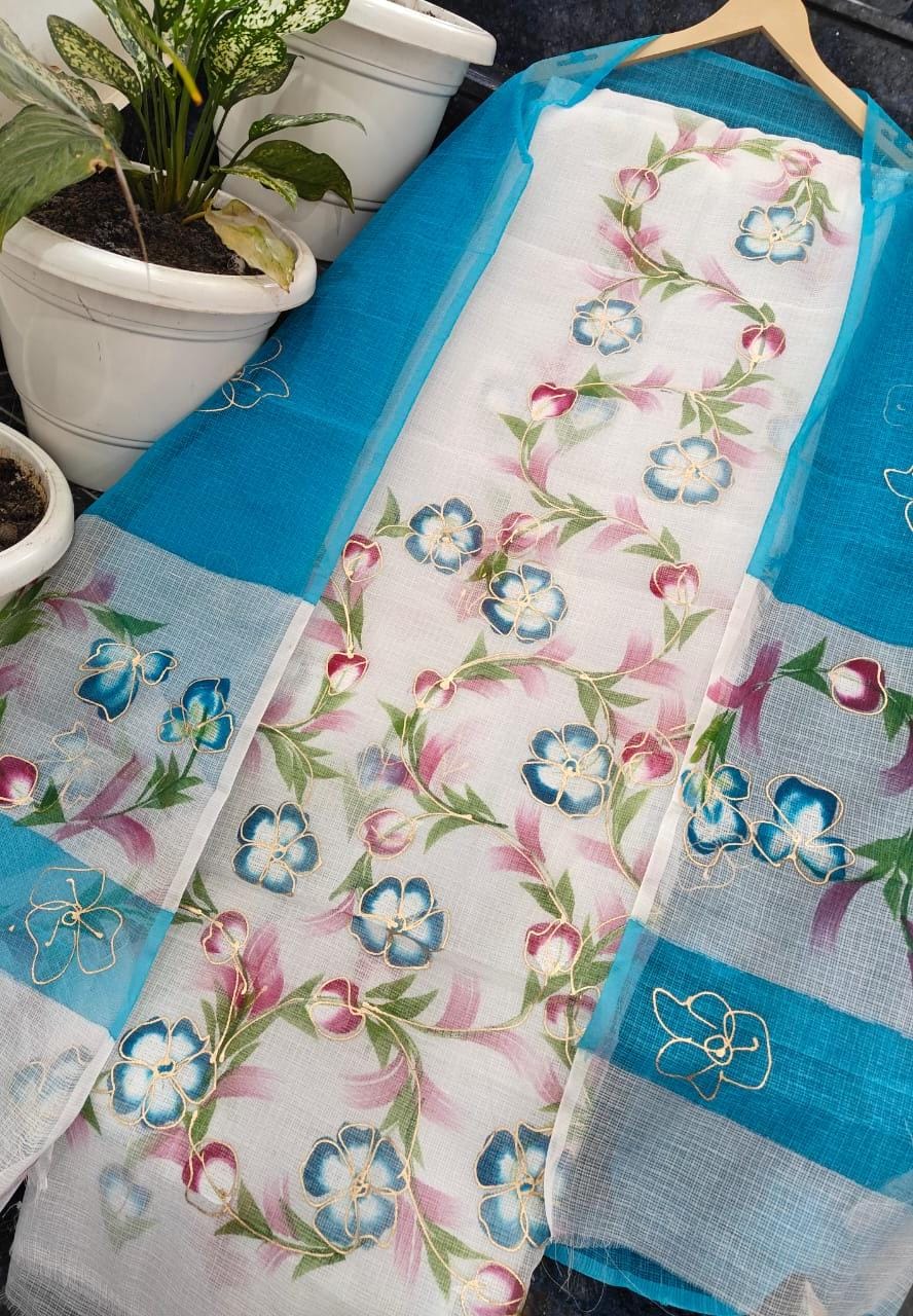 Aqua Blue Kota Doria Dress Material with Hand Brush-Painted Blue Floral Vines & Golden Outline (2-Piece Set)