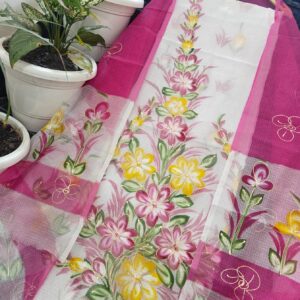 Magenta Pink Kota Doria Dress Material with Hand Brush-Painted Floral Bouquet & Golden Detailing (2-Piece Set)