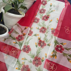 Cherry Red Kota Doria Dress Material with Hand Brush-Painted Floral Vines & Golden Outline Work (2-Piece Set)