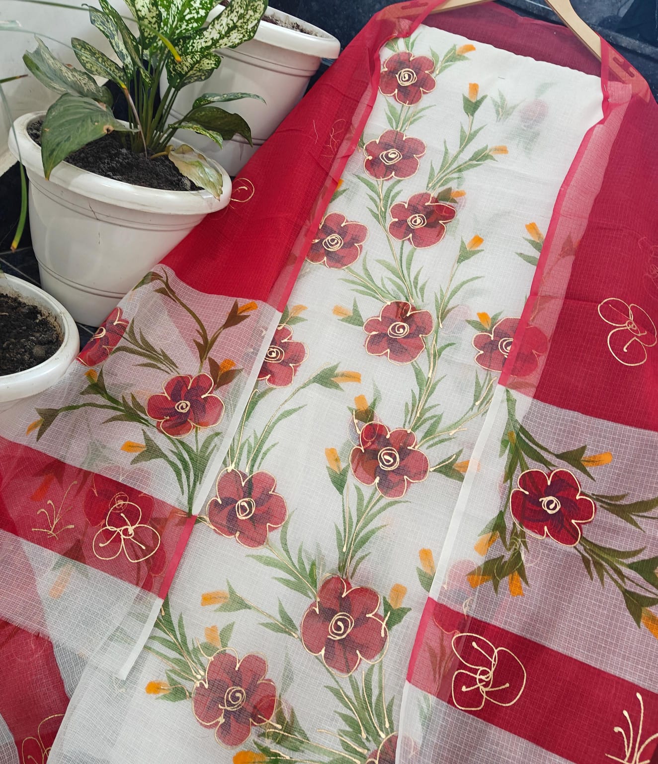 Cherry Red Kota Doria Dress Material with Hand Brush-Painted Floral Vines & Golden Outline Work (2-Piece Set)