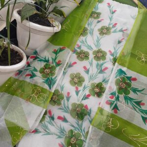 Emerald Green Kota Doria Dress Material with Hand Brush-Painted Floral & Golden Outline Work (2-Piece Set)