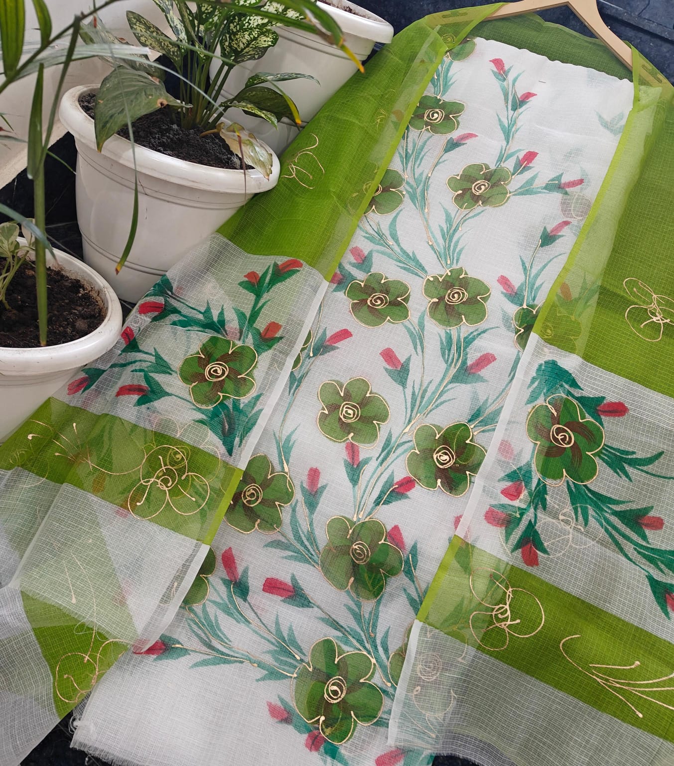 Emerald Green Kota Doria Dress Material with Hand Brush-Painted Floral & Golden Outline Work (2-Piece Set)