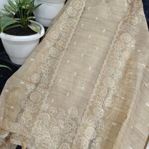 Sand Beige Kota Tissue Unstitched Dress Material Set with White Floral Hand Applique Work (Kurta-Dupatta-Bottom)
