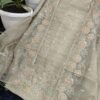 Olive Grey Kota Tissue Unstitched Suit Set with Ivory Floral Hand Applique Border (Kurta-Dupatta-Bottom)