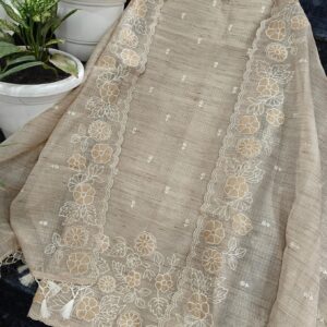 Natural Beige Kota Tissue Unstitched Suit Set with White Floral Hand Applique Border (Kurta-Dupatta-Bottom)