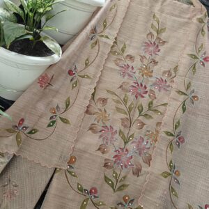 Mauve Beige Kota Tissue Unstitched Suit Set with Hand-Painted Floral Mirror Work & Aari Embroidery (Kurta-Dupatta-Bottom)