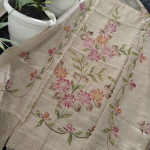 Beige Kota Tissue Unstitched Suit Set with Hand-Painted Floral Mirror Work & Aari Embroidery (Kurta-Dupatta-Bottom)