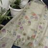 Sage Grey Kota Tissue Unstitched Suit Set with Hand-Painted Floral Mirror Work & Aari Embroidery (Kurta-Dupatta-Bottom)