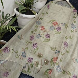 Sage Grey Kota Tissue Unstitched Suit Set with Hand-Painted Floral Mirror Work & Aari Embroidery (Kurta-Dupatta-Bottom)