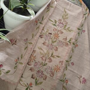 Dusty Taupe Kota Tissue Unstitched Suit Set with Hand-Painted Floral Mirror Work & Aari Embroidery (Kurta-Dupatta-Bottom)