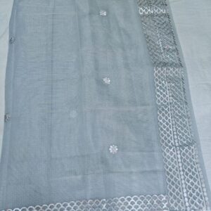 Steel Grey Kota Doria Saree with Silver Zari Border & Gota Patti Handwork | Running Blouse Included | Free Size
