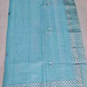 Sky Blue Kota Doria Saree with Silver Zari Border & Gota Patti Handwork | Running Blouse Included | Free Size