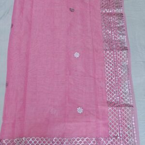 Rose Pink Kota Doria Saree with Silver Zari Border & Gota Patti Handwork | Running Blouse Included | Free Size