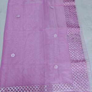 Lavender Kota Doria Saree with Silver Zari Border & Gota Patti Handwork | Running Blouse Included | Free Size