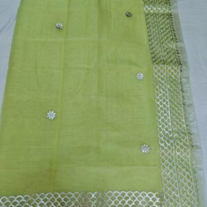 Pista Green Kota Doria Saree with Silver Zari Border & Gota Patti Handwork | Running Blouse Included | Free Size