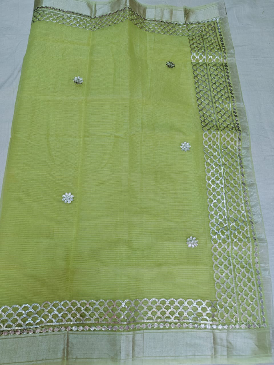 Pista Green Kota Doria Saree with Silver Zari Border & Gota Patti Handwork | Running Blouse Included | Free Size