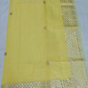 Sunshine Yellow Kota Doria Saree with Silver Zari Border & Gota Patti Handwork | Running Blouse Included | Free Size