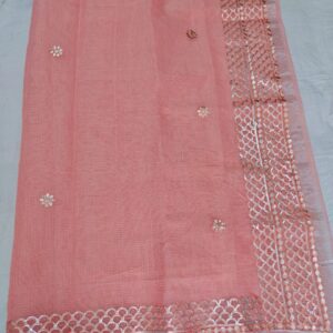 Peach Kota Doria Saree with Silver Zari Border & Gota Patti Handwork | Running Blouse Included | Free Size