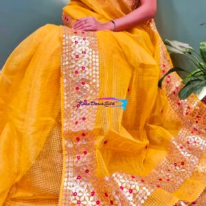 Sunshine Yellow Kota Doria Zari Checks Saree with Red Butti Gota Handwork Border & Blouse Piece