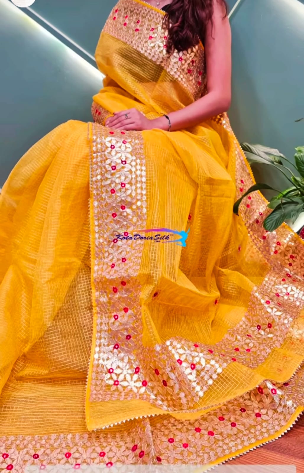 Sunshine Yellow Kota Doria Zari Checks Saree with Red Butti Gota Handwork Border & Blouse Piece