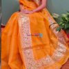 Sunset Orange Kota Doria Zari Checks Saree with Gota Handwork Border & Blouse Piece