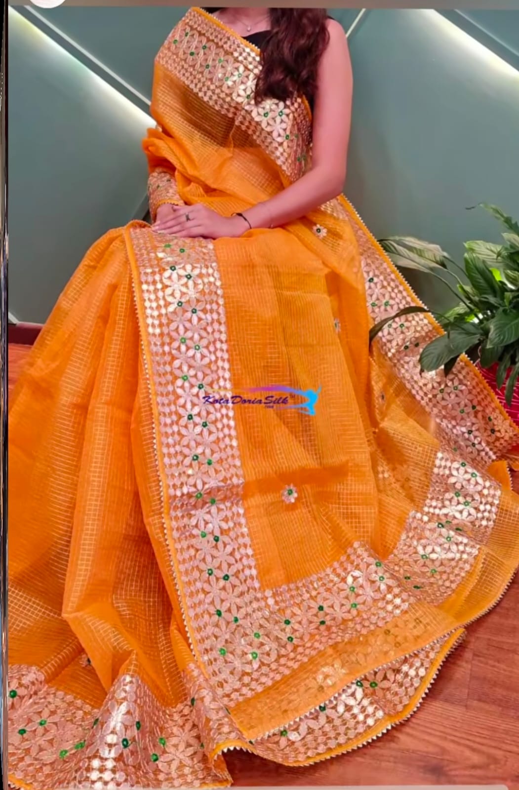 Sunset Orange Kota Doria Zari Checks Saree with Gota Handwork Border & Blouse Piece