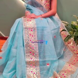 Sky Blue Kota Doria Zari Checks Saree with Pink Butti Gota Handwork Border & Blouse Piece