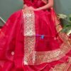 Royal Red Kota Doria Zari Checks Saree with Green Butti Gota Handwork Border & Blouse Piece