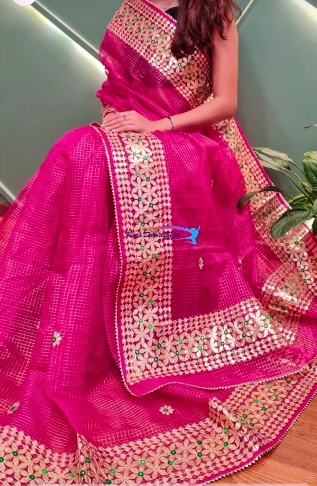 Rani Pink Kota Doria Zari Checks Saree with Green Butti Gota Handwork Border & Blouse Piece