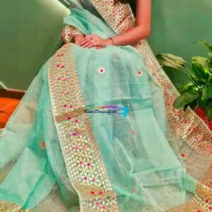 Mint Aqua Kota Doria Zari Checks Saree with Pink Butti Gota Handwork Border & Blouse Piece