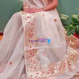 Pearl White Kota Doria Zari Checks Saree with Red Butti Gota Handwork Border & Blouse Piece