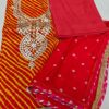 Red & Yellow Handcrafted Semi Silk Dress Material Set with Gota Work Kurti, Bandhani Chiffon Dupatta and Cotton Bottom – 3 Piece Unstitched Suit