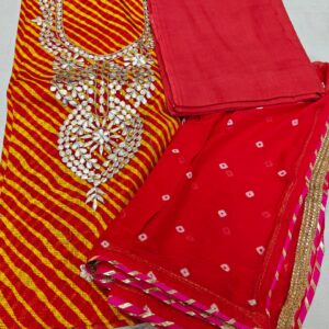 Red & Yellow Handcrafted Semi Silk Dress Material Set with Gota Work Kurti, Bandhani Chiffon Dupatta and Cotton Bottom – 3 Piece Unstitched Suit