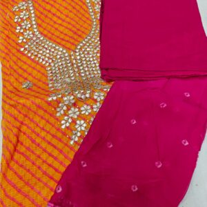 Mustard Yellow & Rani Pink Leheriya Semi Silk Dress Material with Heavy Gota Patti Hand Work, Chiffon Bandhani Dupatta & Cotton Bottom – 3 Piece Unstitched Suit