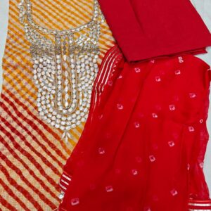 Yellow–Orange Leheriya Semi Silk Dress Material with Heavy Gota Patti Hand Work Kurti, Red Bandhani Chiffon Dupatta & Cotton Bottom – 3 Piece Unstitched Suit Set