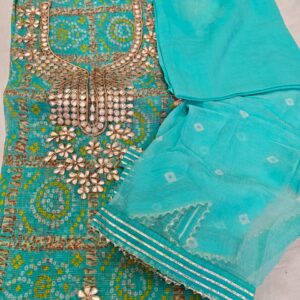 Teal Green Bandhani Print Semi Silk Dress Material with Heavy Gota Patti Hand Work, Chiffon Dupatta & Cotton Bottom – 3 Piece Unstitched Suit Set