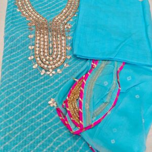 Turquoise Blue Semi Silk Leheriya Dress Material with Heavy Gota Patti Hand Work, Bandhani Chiffon Dupatta & Cotton Bottom – 3 Piece Unstitched Suit