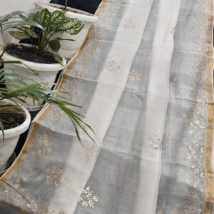 Pure Kota Silk Cream White Saree with All-Over Gota Patti Handwork & Gold Floral Border | Running Blouse Piece