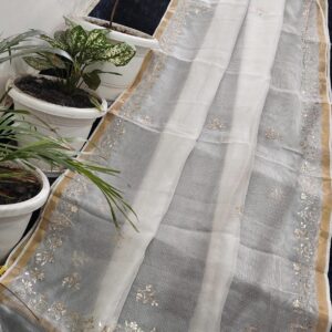 Pure Kota Silk Off-White Saree with All-Over Gota Patti Handwork & Gold Floral Border | Running Blouse