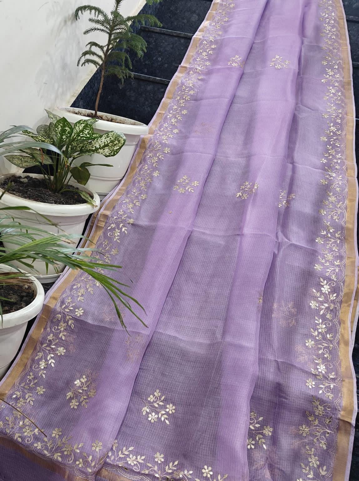 Pure Kota Silk Lavender Saree with All-Over Gota Patti Handwork & Floral Border | Running Blouse