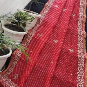 Pure Kota Silk Red Leheriya Saree with Peeta Hand Embroidery & Designer Border | Boutique Sleeve Blouse