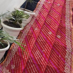 Pure Kota Silk Red–Pink Leheriya Saree with Peeta Hand Embroidery & Ornate Border | Boutique Sleeve Blouse